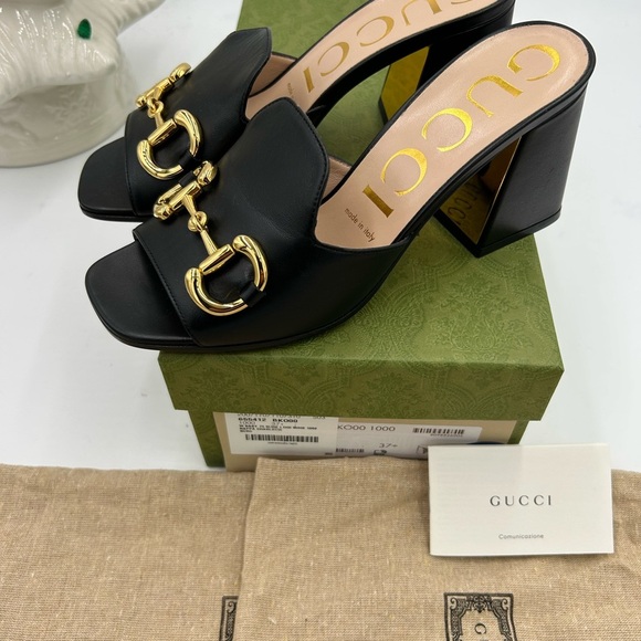 Women's Gucci Horsebit Leather mid heel slide sandal size 37.5 made in Italy - Picture 4 of 9